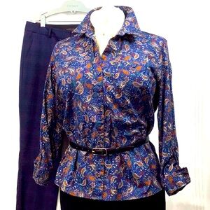 🔸 CROFT & BARROW Petites Blue Paisley Front Pockets Roll Tab Long Sleeve
